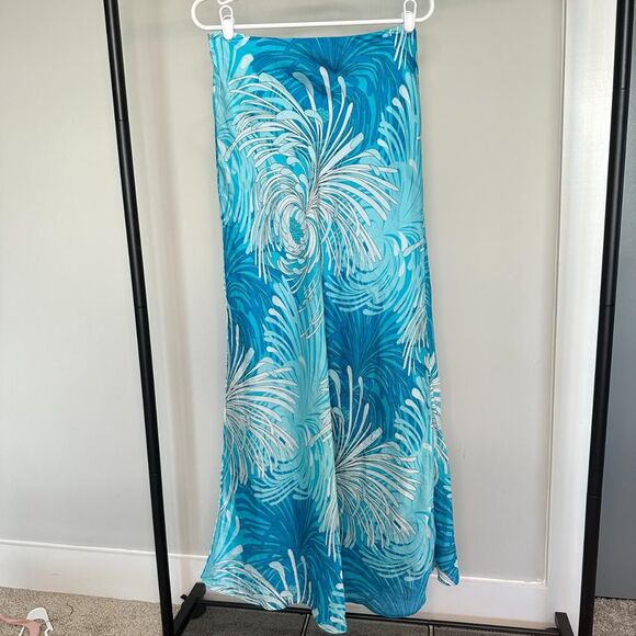 New York & Company Summer Maxi Skirt, Y2K Aqua Floral Patterned Flowy Maxi Skirt - Picture 1 of 7